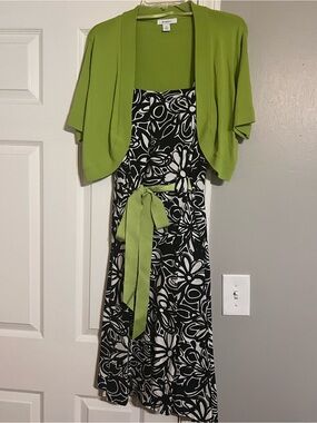 Dress Barn Black & White Floral Maxi Skirt with Lime Green Sash and Bolero